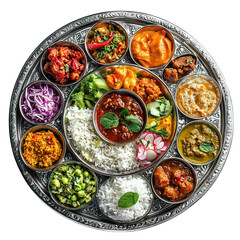 A traditional Indian Thali platter featuring a variety of curries rice vegetables and chutn