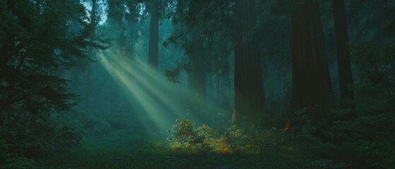 Sunlight filters through ancient redwoods creating a mystical atmosphere in the forest