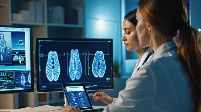 A female doctor sits at a table with a computer and two monitors.
