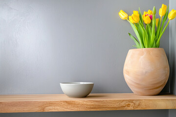 Fototapeta premium serene interior featuring wooden shelf with gray bowl and vase of vibrant yellow tulips against smooth gray walls, creating calming atmosphere