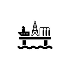 Oil Offshore Platform, Floating Oil Rig Solid Flat Vector Icon Isolated on White Background.
