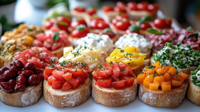 A vibrant array of colorful bruschetta, featuring fresh tomatoes, herbs, and creamy cheese, arranged on a platter, perfect for a party or a casual mea