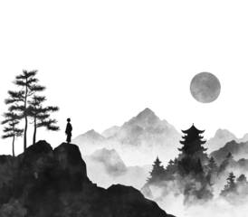 Ink landscape drawn with Fu Gan on white background.