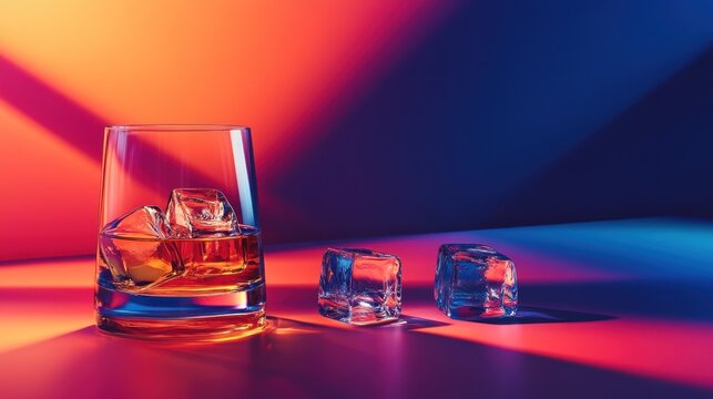 Whiskey on the rocks in vibrant neon light. - Powered by Adobe