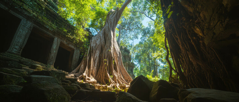 Majestic banyan tree with sprawling aerial roots in a tropical landscape