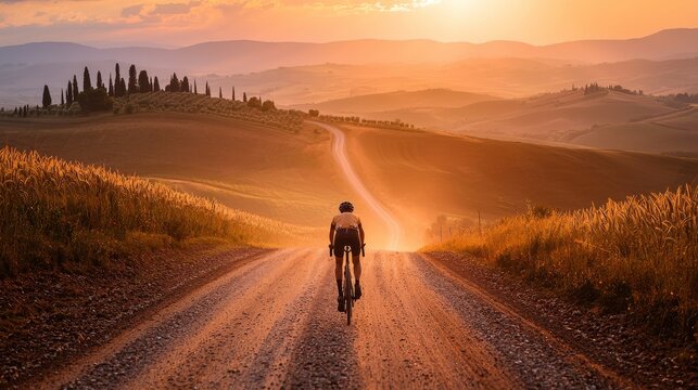 Solitary cyclist on a dirt road among the rolling hills of Tuscany at sunset during Strade Bianche race