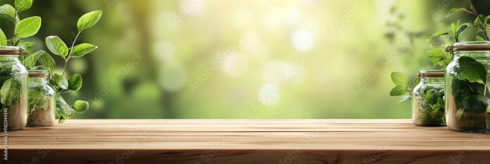 Aufkleber empty wooden table with green plants in preserving jars on blurred green background displaying kitch