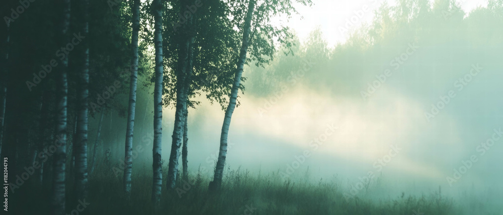 Aufkleber birch forest immersed in mist, creating a tranquil and ethereal atmosphere