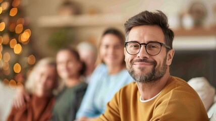 A cheerful man smiles in a cozy setting, surrounded by family, with festive decorations in the background, capturing a moment of togetherness and joy.