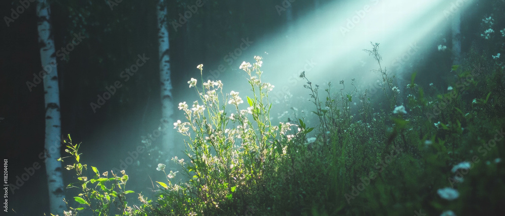 Poster sunlight breaks through fog in a luminous birch forest with wildflowers