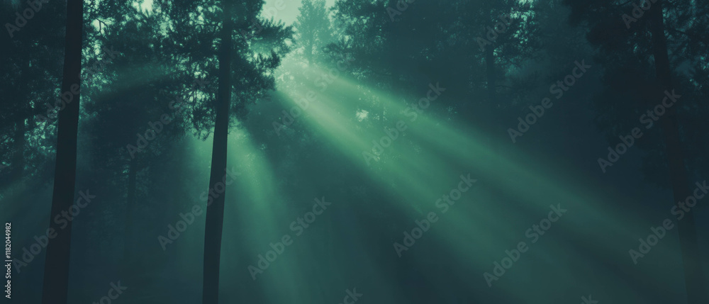 Poster sunlight breaking through fog in a serene birch forest creates an ethereal atmosphere