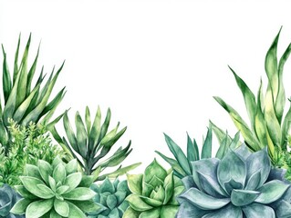 Fototapeta premium A lush watercolor illustration featuring a variety of succulents and agave plants in green and blue tones, highlighting natural beauty and elegance. 