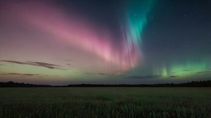 Fototapeta premium The golden sunlight paints the sky with hues of orange and pink as the sun dips below the horizon, casting long shadows across the green grass of the rural meadow