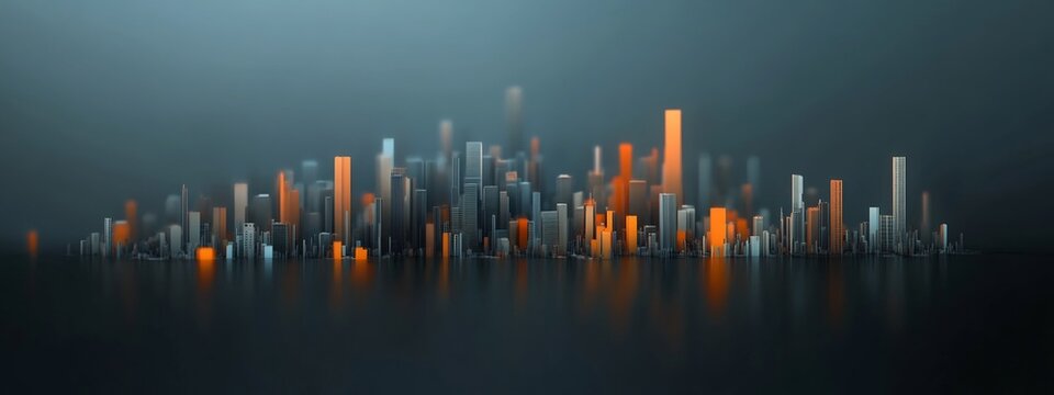 A digital showcasing a futuristic cityscape with skyscrapers and high rise buildings depicting the frequency distribution of air pollution levels in an urban environment through a vibrant