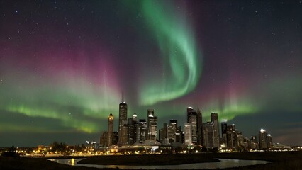 Obraz premium A vibrant cityscape with towering skyscrapers illuminated against a dramatic night sky, a breathtaking rainbow arching over the urban jungle