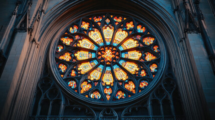 Obraz premium Stunning Rose Window with Vibrant Stained Glass in Gothic Cathedral