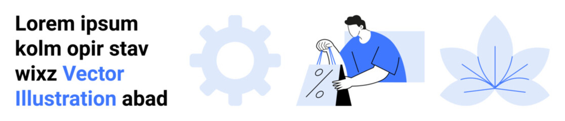 Man analyzing diagrams, accompanied by gear icon and floral symbol. Ideal for productivity, innovation, analysis, engineering, design, nature growth themes. Landing page
