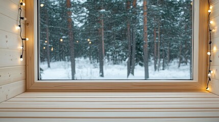 Experience tranquility in a traditional steam room surrounded by a winter wonderland of snow and trees, perfect for relaxation