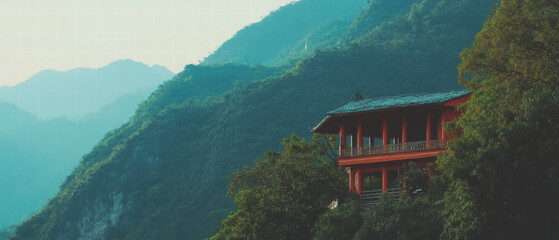 Buddhist temple perched in serene mountains promoting peace and spirituality