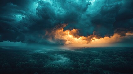 A dramatic sky filled with dark clouds and a vibrant sunset over a lush forest landscape.
