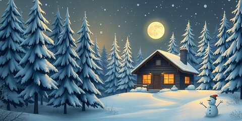 Fototapeta premium Cozy Winter Cabin in Snowy Forest Full Moon Night