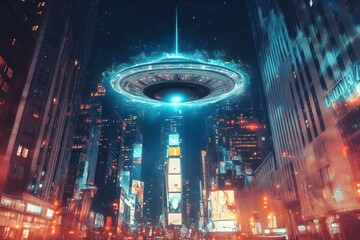 UFO hovers over a bustling cityscape at night, illuminating the skyline with blue light