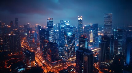 Fototapeta premium Night cityscape, illuminated skyscrapers, urban landscape, aerial view.