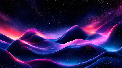 Cosmic Landscape: Vibrant Neon Hills Under a Starry Night Sky