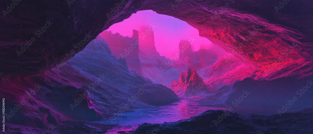 Poster mysterious cave interior with vibrant rock formations and deep shadows