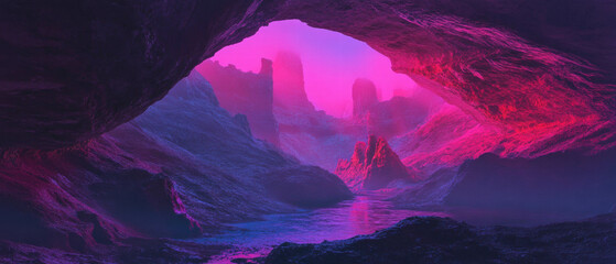 Mysterious cave interior with vibrant rock formations and deep shadows
