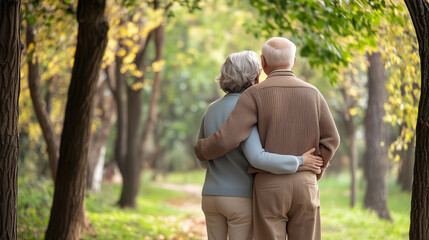 Fototapeta premium View from the bank, elderly couple walks in the part, hugging each other