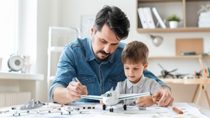 A father and son engage in a creative activity, building a model airplane together in a bright, cozy room filled with toys and crafts.