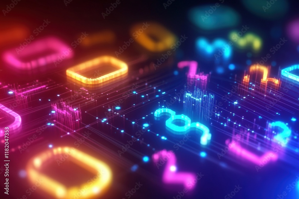 Poster a dynamic display of illuminated neon numbers and abstract symbols on a digital grid, representing d