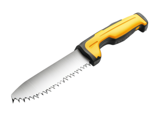 Closeup of yellow and black handheld saw with ergonomic handle for precision cutting of wood