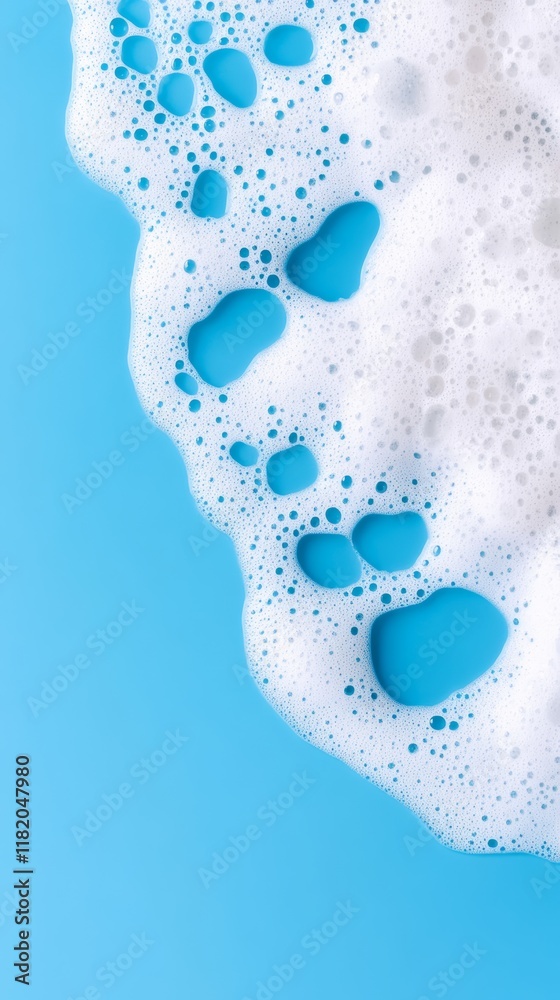Aufkleber White foam texture creating bubbles of various sizes on a vibrant blue background, offering a dynamic and textured visual suitable for beauty, skincare, and hygiene related projects
