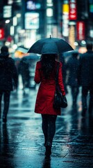 Obraz premium Elegant woman in a red coat walking in a rainy city street at night with reflections of lights and urban traffic in the background