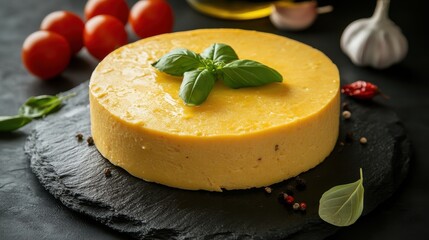 Fresh Yellow Cheese with Basil and Vegetables on Slate Plate