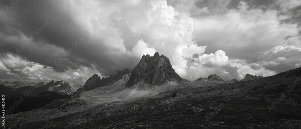 Poster cloudy mountainscape with dramatic light and shadows creating a moody atmosphere
