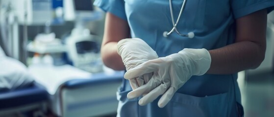 Medical professional in gloves and gown preparing for procedure in hospital room. Ideal for medical websites, healthcare articles and educational materials.
