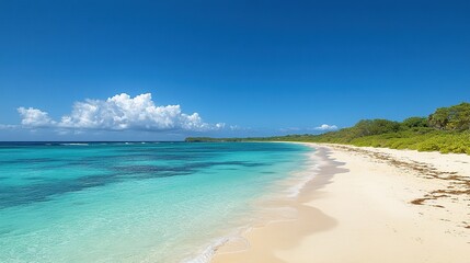 A serene beach scene featuring turquoise waters, soft sand, and lush greenery under a clear blue sky.