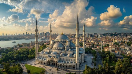 Obraz premium A panoramic view of a grand mosque situated in a bustling city, with the surrounding landscape and urban life contrasting against the peaceful and sacred space of the mosque.