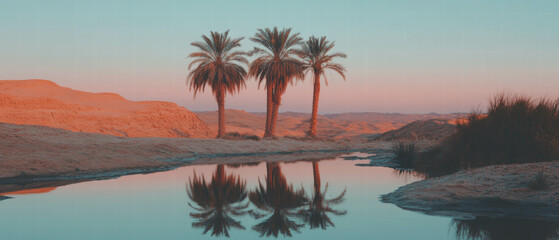 Desert oasis with date palms reflecting a tranquil sunset in golden hues