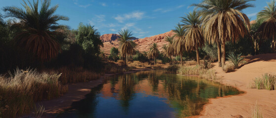 Fototapeta premium Desert oasis with refreshing date palms and tranquil water in a sunlit landscape