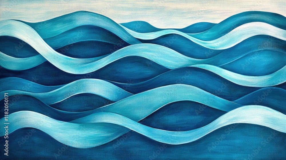 Poster dynamic, overlapping blue wave patterns with soft light reflections and gentle curves for a calming 