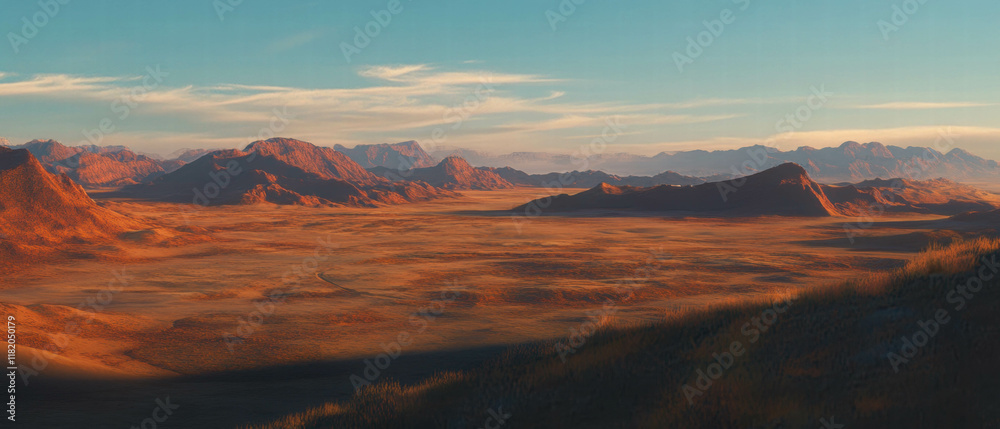 Poster expansive view of vast desert dunes under a clear sky at sunset