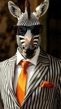 Zebra businessman wearing sunglasses and pinstripe suit