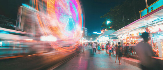 Colorful long exposure of ferris wheel at night with vibrant light trails in a lively atmosphere