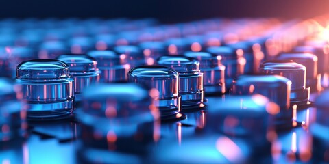Obraz premium A close-up view of shiny glass-like objects, creating an abstract and colorful pattern with blue and orange lighting effects.