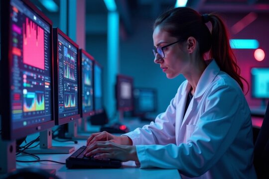 Scientist in lab coat working on quantum computer, science, lab