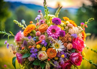 Obraz premium Rustic Wildflower Wedding Bouquet Photography - Summer Floral Arrangement